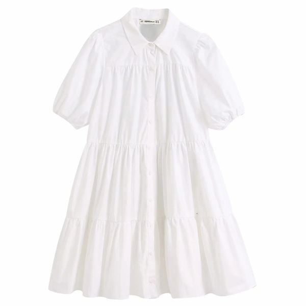 mulheres simplesmente cor sólida camisa casual camisa branco escritório senhora sprufa manga plissus vestidos chique lazer grande balanço vestidos DS3438 210623