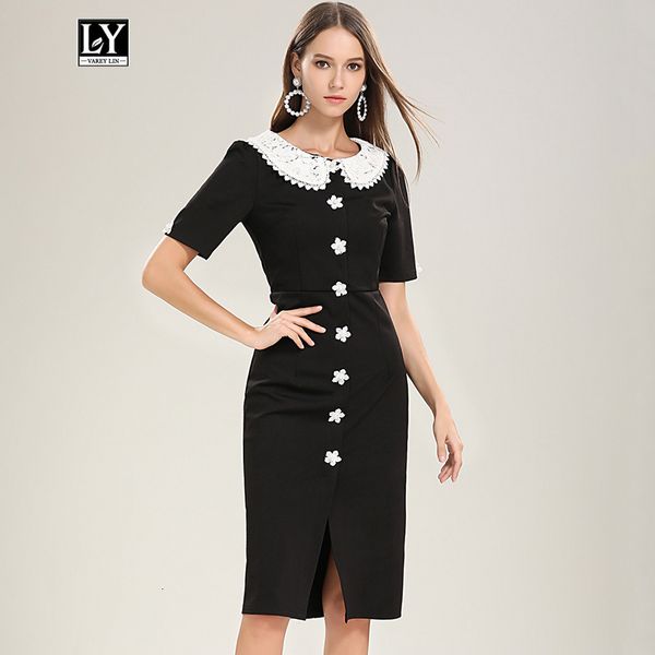 

dresses office lady black pencil women summer elegant puff sleeve appliques high waist lace patchwork midi dress, Black;gray