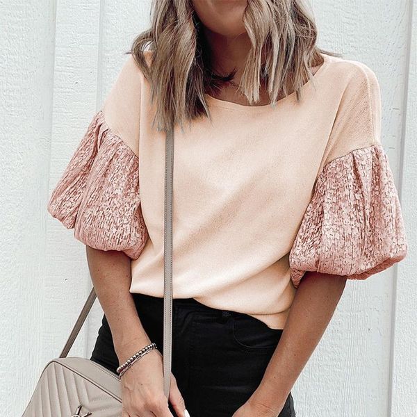 

fashion t-shirt women's patchwork lady t-shirts round neck lantern sleeve casual short sleeves t shirts female harajuku #bl5, White