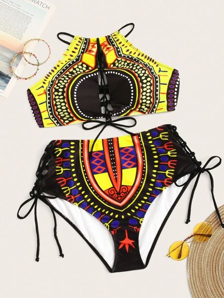 

plus geo print lace-up bikini swimsuit h0fw#, Black