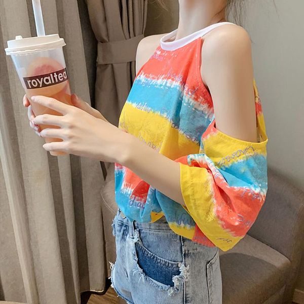 

women's t-shirt rainbow stripes seven-point short-sleeved strapless women 2021 summer korean students loose clothes, White