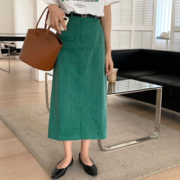 

skirts women skirt retro green denim female jean solid long fashion casual a-line streetwear high waist 9tge, Black