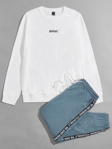 

men letter graphic sweatshirt & tape panel pants l5xk#, Gray