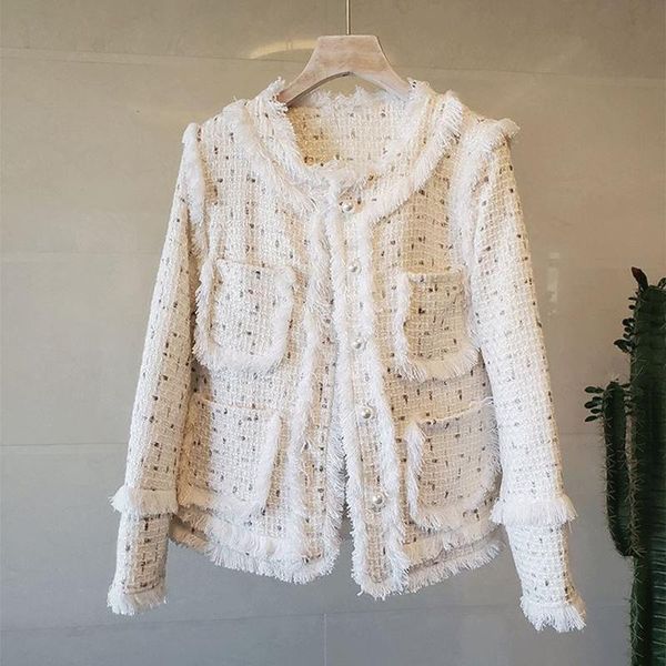 

women's jackets loose woolen coats office lady tassel pockets pearls autumn winter vintage plaid tweed women o-neck long sleeve, Black;brown