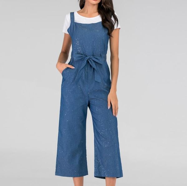 

women's jumpsuits & rompers fashion woman blue jumpsuit summer korean version solid color wide leg straight casual denim strap shine lo, Black;white