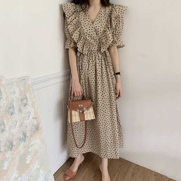 

women elegant fashion polka dot ruffled midi dress vintage short sleeve drawstring tied pleated female dresses vestidos 210601, Black;gray