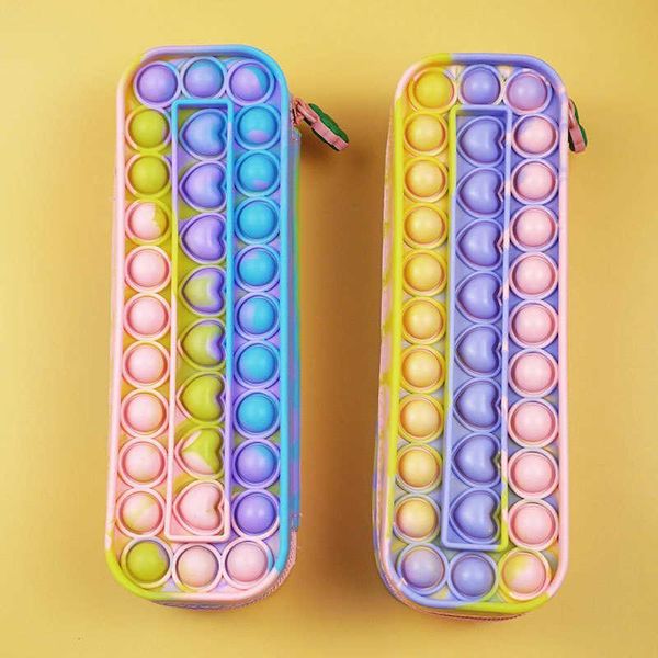 

pencil-case children's rainbow fidget decompression toy push bubble silicone large capacity storage stationery box toys pioneer sensory
