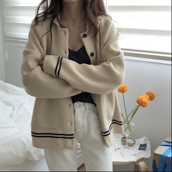 

women sweaters vintage chic striped color hit korea patchwork slender full sleeves retro simple cardigans knitted slim, White;black