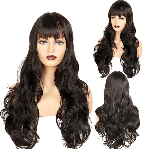 

synthetic wigs tinashe beauty long black brown wig with bangs 26 inch hair for women's cosplay body wave perruque female