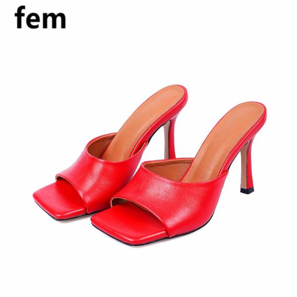 

slippers fem women high heels summer shoes square open-toe stiletto pure leather slides sandals fashion casual, Black
