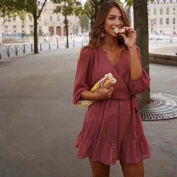 

spring sweet v-neck chic polka dot mini dress chiffon romper sash faux wrap playsuit retro autumn lady elastic waist kimono 210521, Black;gray