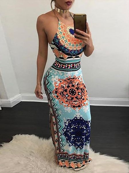 

elegant sleeveless long bodycon dress womens tanks boho ethnic side split halter drawstring party maxi, White