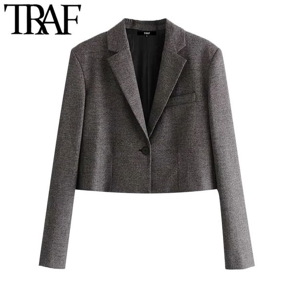 TRAF Donne Fashion Crotaped Check Blazer Cappotto Vintage Manica Lunga con Spalla Pads Capispalla femminile Abbigliamento chic Top 210415