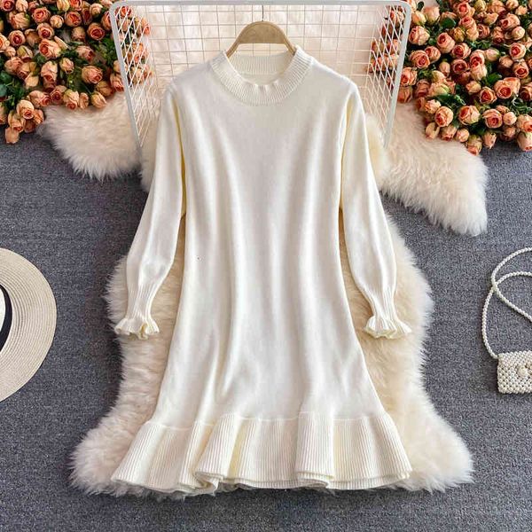 

casual dresses female singiny ruffled tightly knit, long-sleeve, neck-high-necked office gowns, casual korean winter, fashion, nightgown. va, Black;gray