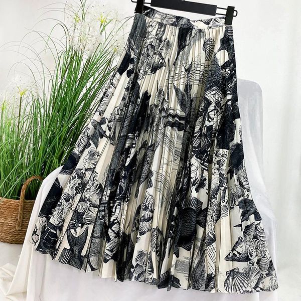 

skirts woman hand-painted pleated mid-length skirt female lady printed 2021 summer fall wear cloth, Black