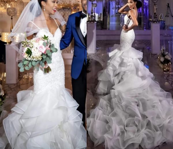 

mermaid wedding dresses africa tiered skirts lace zipper back plus size bridal gown dubai chapel train vestidos de novia custom made 2022, White
