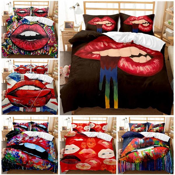 

bedding sets 2/3pcs set 3d printed woman vivid red lips smiling soft microfiber theme duvet cover decor for women girls