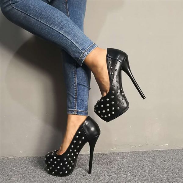 Handgefertigte Damen-High-Heels-Kleiderschuhe, echte Fotos, Nieten, Spikes, runde Zehen, sexy Plattform, Abend-Slipper, Party, Abschlussball, modische schwarze Pumps D635