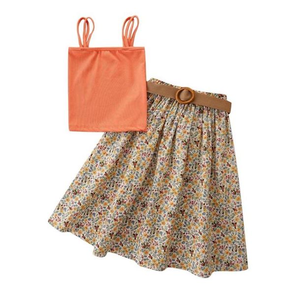 

clothing sets 2pcs girls printed clothes solid color sleeveless sling floral print skirt with waistband for summer 1-6 years, White
