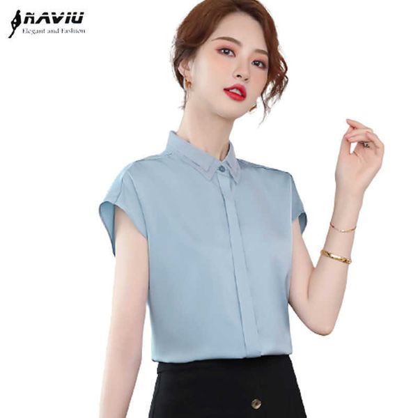 Luz azul camisa mulheres design verão high end chiffon temperamet formal manga curta blusas escritório senhoras trabalho tops 210604