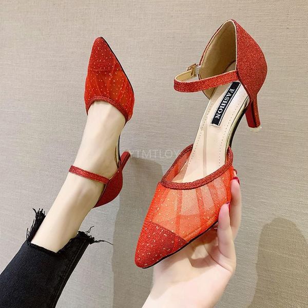 

sandals bling wedding breathable mesh pointed toe woman pumps thin high heels 2021 zapatos rojos mujer flnl, Black