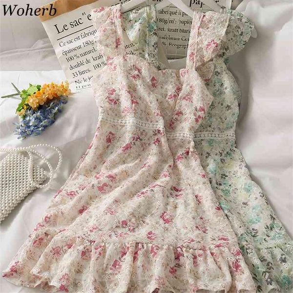 

mini dress women korean summer robe hollow out crochet ruffle vestidos high waist backless sweet fashion dresses 210519, Black