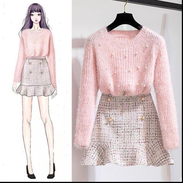 

autumn winter two piece set women tracksuits tracksuit elegant beading knitted sweater high waist tweed mermaid skirt ladies outfits, Gray