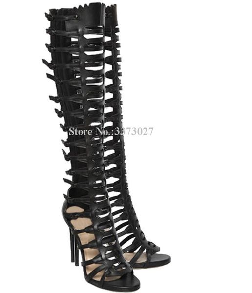 

women hollow out stiletto heel sandals boots black leather strap buckles gladiator long lady large size shoes