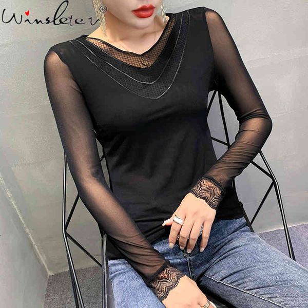 

women's t-shirt fall winter korean style t-shirt fashion v-neck lace patchwork mesh women ropa mujer bottoming shirt tee, White
