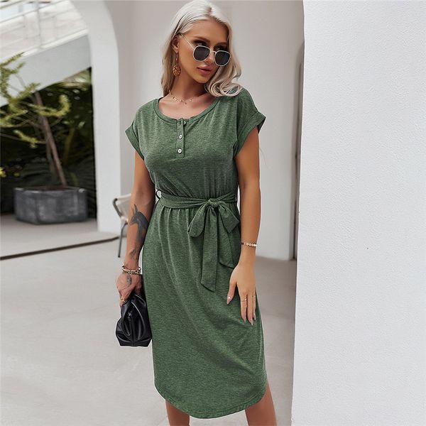 

casual dresses spring solid knitted women short sleeve o neck button bandage for high waist summer 5ty2, Black;gray