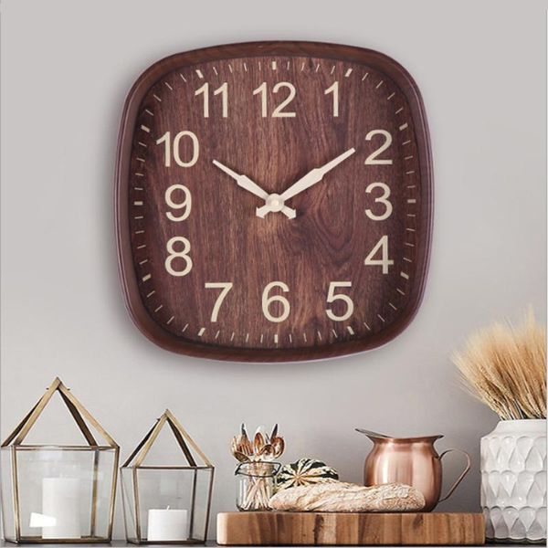 

plastic wall clock modern design square quartz clocks home decor imitation wood color retro watch 12 inches