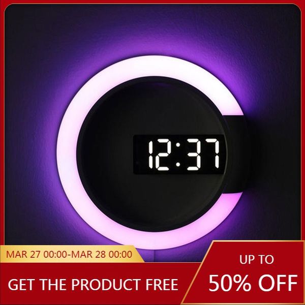 

wall clocks 3d led digital clock alarm mirror hollow watch table 7 colors temperature nightlight for home living room decorations