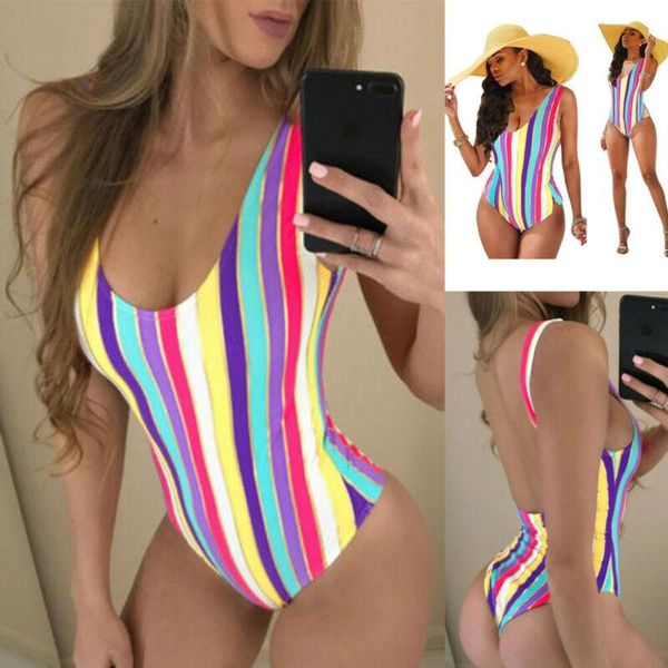 

women swimwear striped bandage padded bra one piece bathing suit 2021 ladies swimsuit colorfull one-piece suits