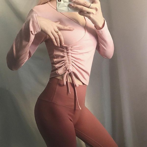 

yoga outfits clothes female drawstring long-sleeve running sports training fitness net red t-shirt breathable quick-drying blouse, White;red