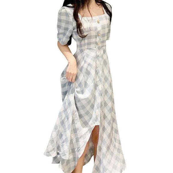 

casual dresses summer women's dress 2021 korean fashion sweet short sleeve square collar female button high waist, Black;gray