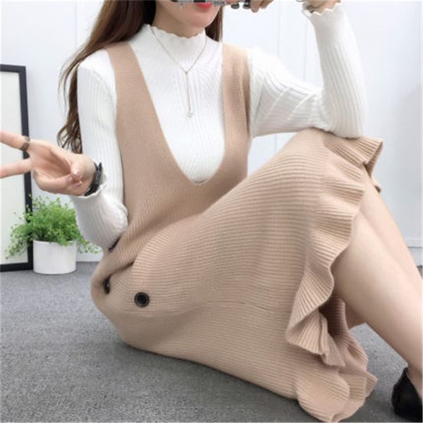 

casual dresses wrapped in loose knitting round turtleneck, sleeveless solid, simple, elegant, with korean fashion style r52y, Black;gray