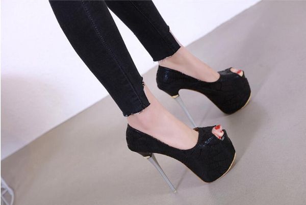 

dress shoes 2021 fashion shallow mouth fish open toe super high heel 16 cm waterproof platform fine sequin women sandals, Black