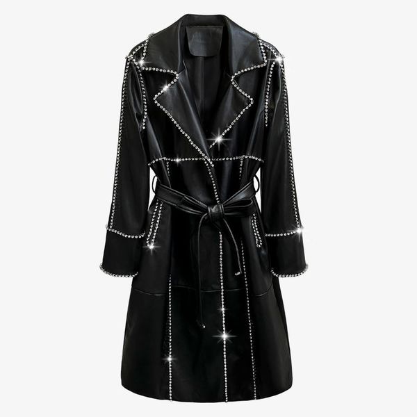 

women's leather & faux women diamonds trench coat high street, Black