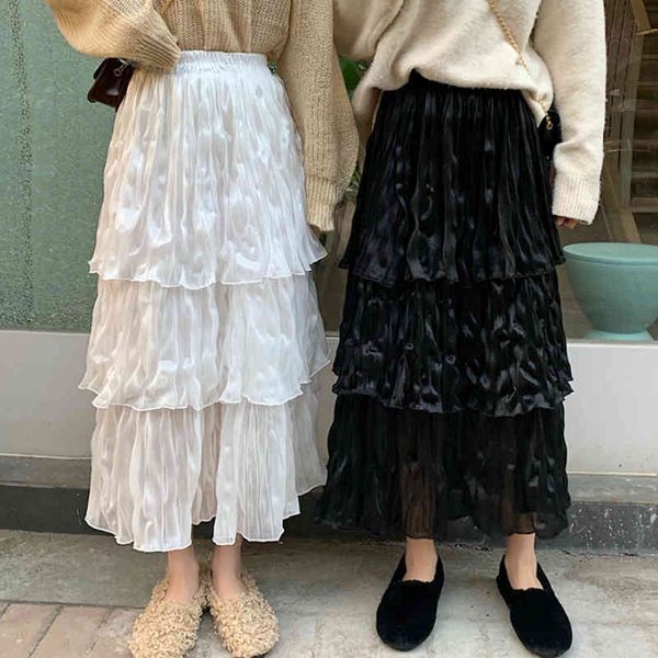 

skirts spring ffy cakee layered crepe gauze summer sweet tiered metallic tutu long skirts, Black