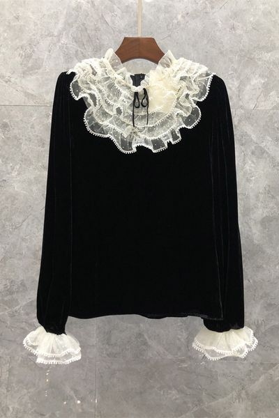

lace lantern sleeve velvet shirt womens autumn european goods new socialite temperament 9cc, White