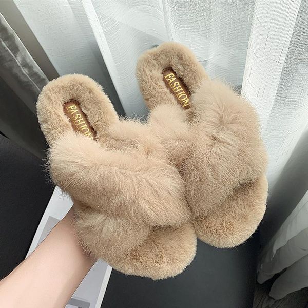

slippers women furry ladies shoes cute plush fur fluffy sandals women's winter warm, Black