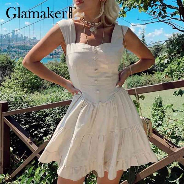 

glamaker cotton holiday beach summer sleeveless dress women buttons a-line ladies fashion ruffles dress elegant short dress new 210412, Black;gray