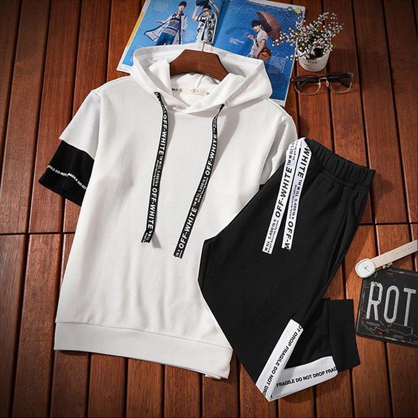 

plus size summer two pieces mens tracksuits set casual sports male suits stitching drawstring fashion streetwear loose hooded pants, Gray
