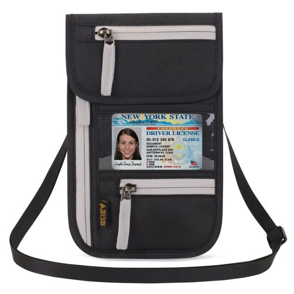

card holders travel abroad passport bag hanging neck multifunctional certificate waterproof clip rfid, Brown;gray
