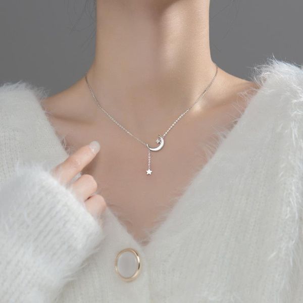 

chains s925 silver necklace sweet five-pointed star tassel shell moon simple clavicle chain gold for women fashion jewelry