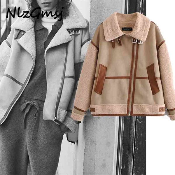 

jacket women patchwork fur faux leather coat turn down collar ladies winter thick warm oversized 210628, Black;brown
