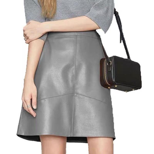 

skirts woman elegant plus size 2021 fashion korean style genuine real leather high waist mini skirt womens, Black
