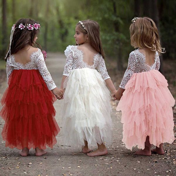 Red New Year Flower Girls Dress da sposa Princess Girl Dress Party Tulle Dress Costume per bambini per bambini vestiti 3 8T Q0716