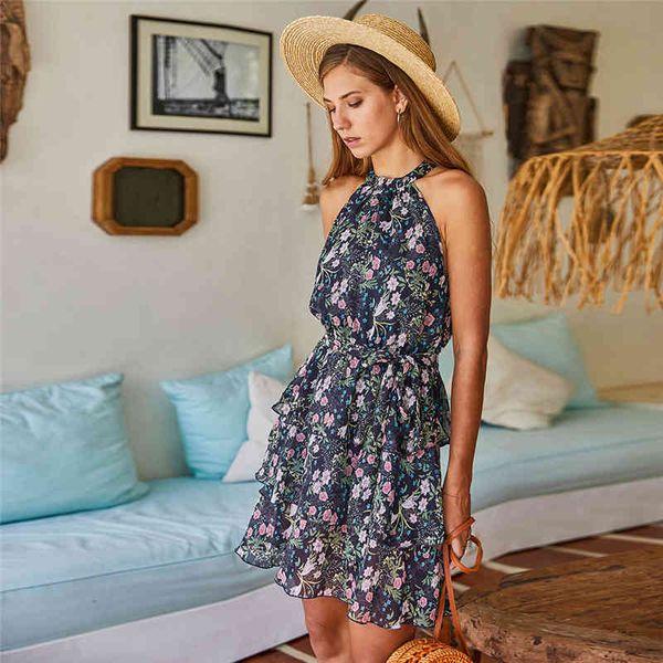 

new temperament ladies ruffles halter floral short dress women slim boho style layered summer chiffon print dress 210413, Black;gray