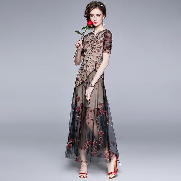 

casual dresses 2021 summer runway love heart embroidered dress fashion mesh puff sleeve o neck perspective princess elegant long n66735, Black;gray